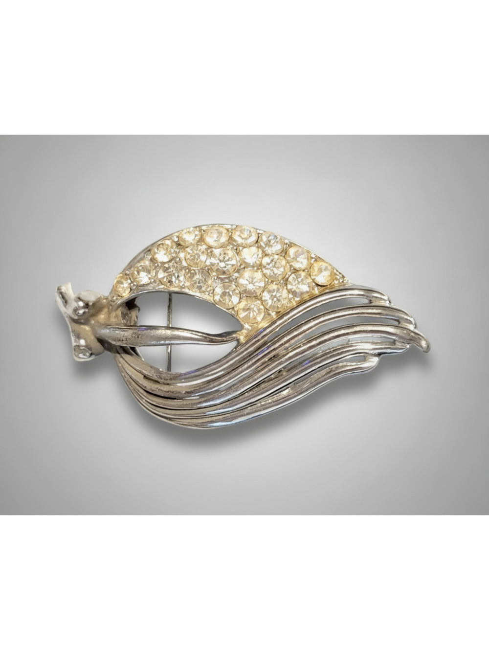 Coro Rhinestone Leaf Brooch Pin,  Vintage Designer  - Large 2.25" sf-39